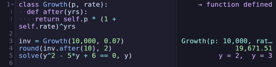 draftply editor with a Growth class computing compound growth after 10 years, and solve() finding the roots of a quadratic