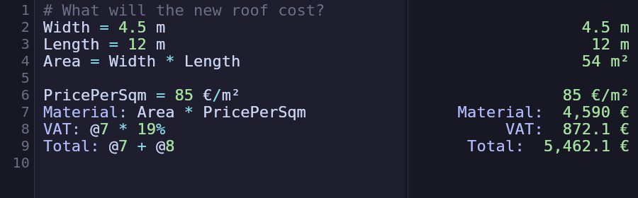 draftply editor showing a roof cost estimate — width times length, material cost, VAT and total, all computed live