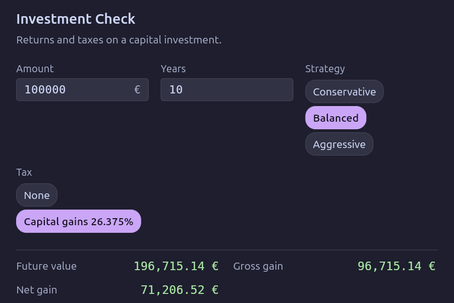 draftply form view of an Investment Check — amount, years, strategy and tax chips, with future value, gross gain and net gain computed live