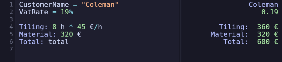 draftply editor with a tiling quote — customer name, VAT rate, two line items and a running total